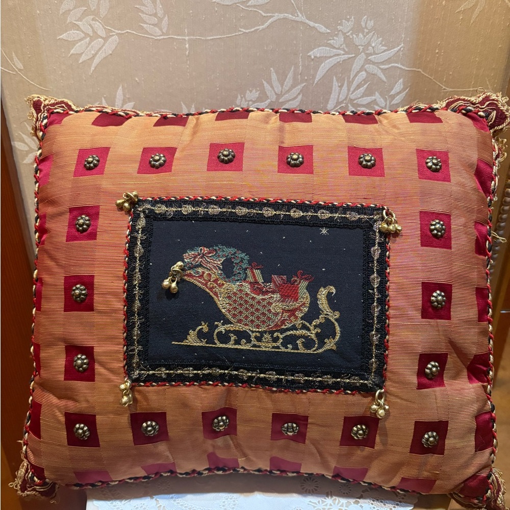 Sweet Dreams Holiday Sleigh 🛷 Decorative Red and Gold Holiday Pillow with Bells